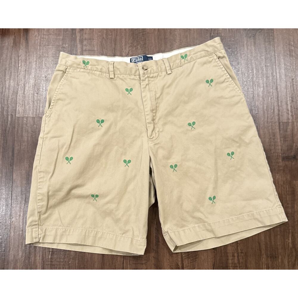 Polo Ralph Lauren Shorts Mens 36 Khaki All Over Embroidered Green Tennis Racket